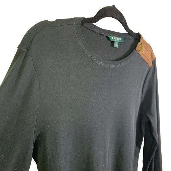 LAUREN RALPH‎ LAUREN Top Blouse Crew Neck Faux Suede Elbow Patches Shoulder Zip - Picture 3 of 13